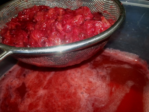 No-cook jam draining mashed plums